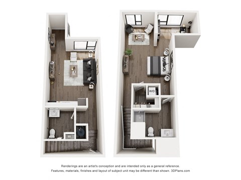 Floor plan for 1 bed, 1.5 baths, 981 sqft